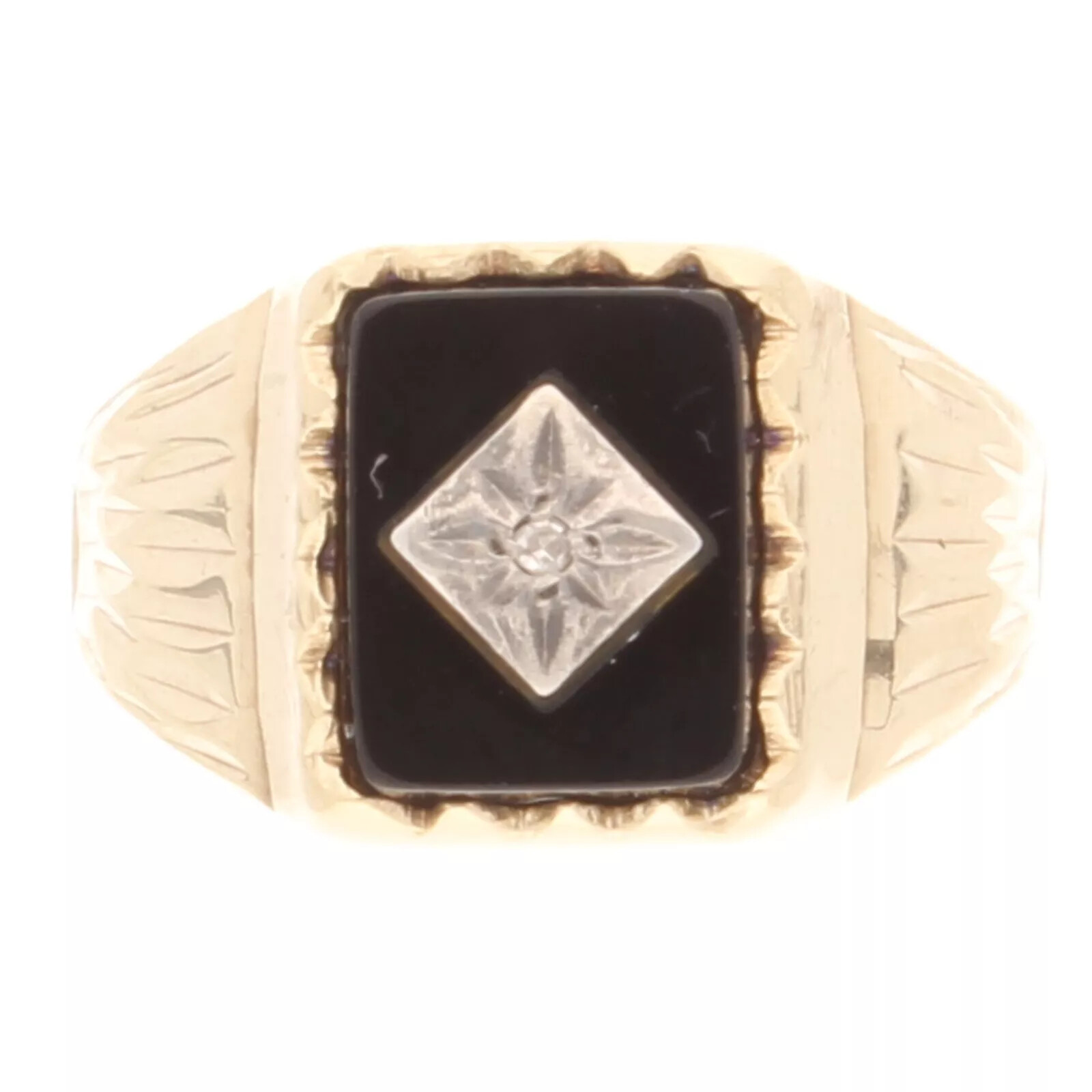 9Carat Yellow Gold Onyx & Diamond Signet Ring (Size P) 9x7.5mm Head