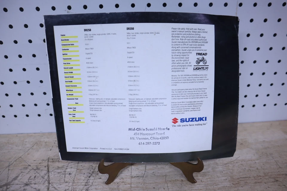 Nice Used Vintage 1991 Suzuki DR250 DR350 Specifications Brochure Catalog - US - Image 2 of 3