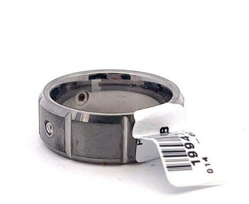 8mm Tungsten & Sterling Silver .09ctw 3 Diamond Satin Vertical Groove Band Ring - Picture 2 of 4