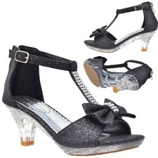 Girls Heels Sandals T-Strap Rhinestone Glitter Clear Party Kids Shoes Black