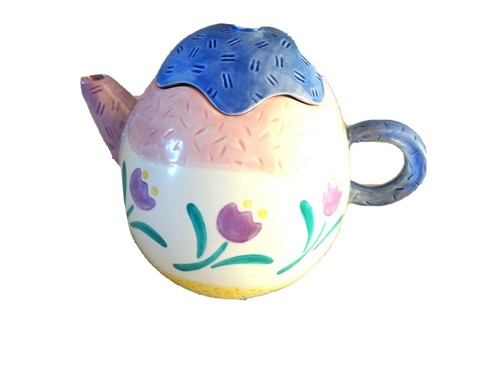 Tetera Applause Ceramic Novety 1993 con tapa-tema de tulipanes-azul/rosa/amarillo-LKN - Imagen 3 de 7