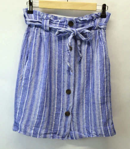 H&M LInen Blend Paperbag Skirt SIze 4 Blue White Stripe Short Coastal Drawstring