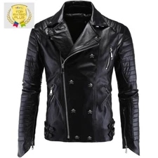 Men Motorcycle Biker Vintage Cafe Racer Retro Genuine Faux Black Leather Jacket