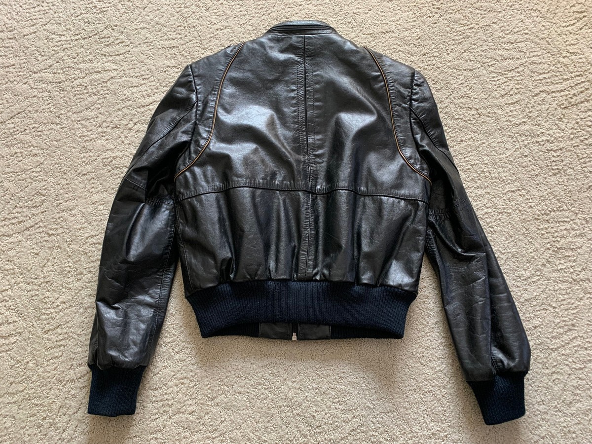Black Bermans Mens Size 10 Leather Bomber Jacket, Faux Fur