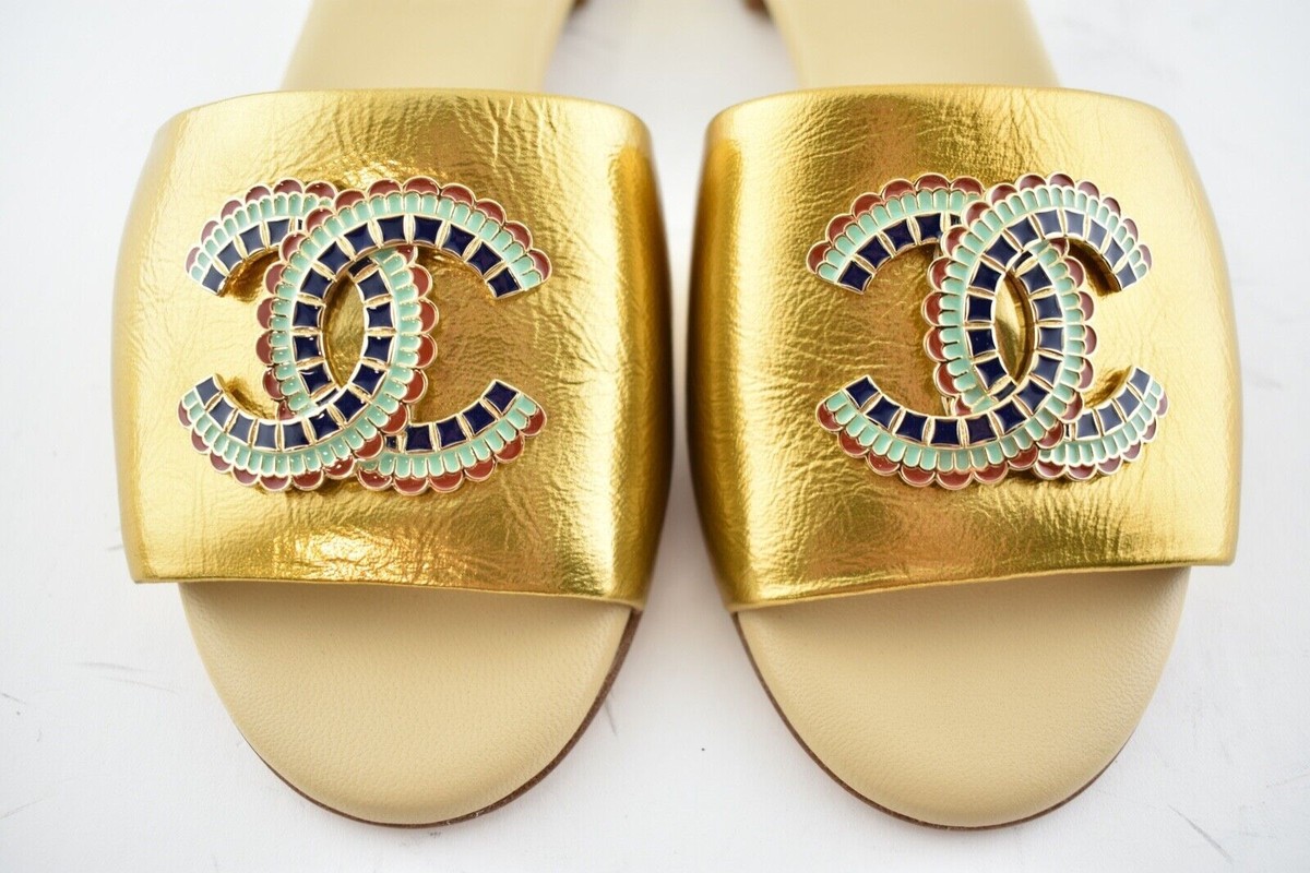 Chanel 19A Gold Laminated Lambskin CC Red Logo Slide Slip On