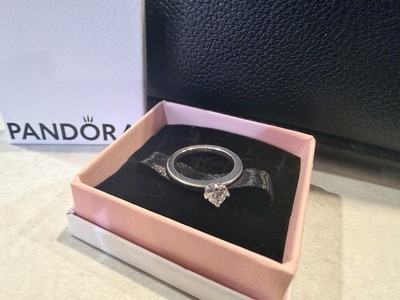 Pandora Silver Solitaire Ring Round Cubic Zirconia Prong Setting Heart-Shaped