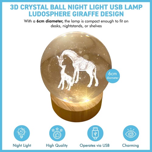 3D Crystal Ball Night Light USB Lamp with Giraffe Design, Ludosphere LED Decor - Picture 2 of 7