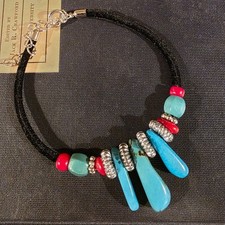 Turquoise & Coral Stone Bracelet with Black V...