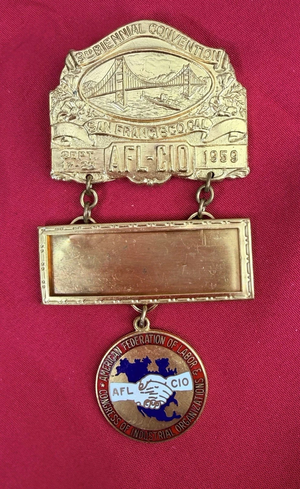 Vtg 1959 AFL-CIO 3rd Biennial Convention Blank Badge San Francisco Bastian Gold image 1