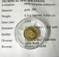 Sutters Mill Gold Rush 14k mini coin US History of Gold .5 gram proof - BINo 3048.14 per troy oz
