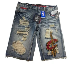 UNK NBA Cleveland Cavaliers Distressed Patches Denim Shorts Mens Size 38 NEW