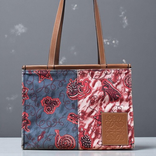 Rare LOEWE Cushion Tote Large Bag Paula's Ibiza Leather canvas red blue brown