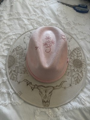 Gorgeous Blush Pink and Ivory Cowboy Hat W/Custom Burnt Designs. Must See Pics
