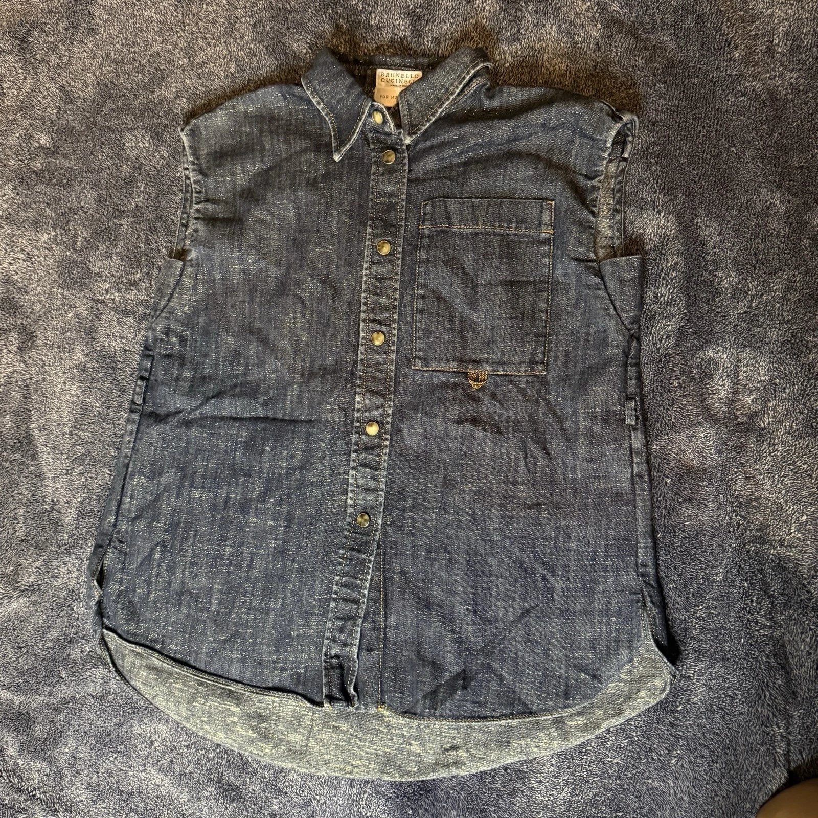 Brunello Cucinelli Gold Lame Denim Sleeveless Shirt 6
Opens in a new window or tab