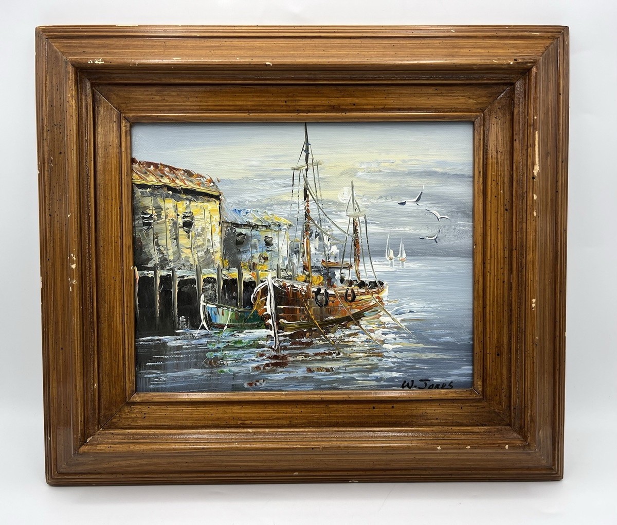 Vintage Original Oil Painting Nautical Fishing Boats Signed