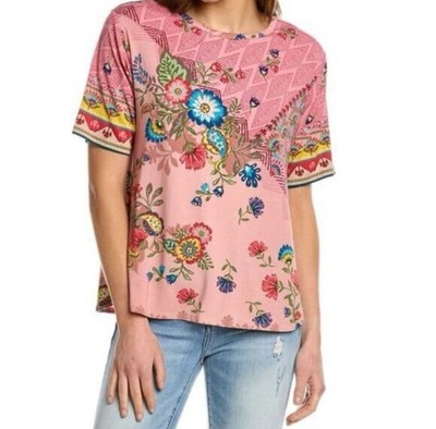 JOHNNY WAS PM LAKSHMI TOP RELAXED CROP TEE JERSEY FLORAL PRINT SOFT-152 Size Sm