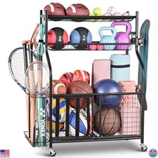 Sports Equipment Organizer Rack - Garage Storage with Basket Hooks, Black