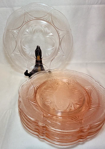 Set of 7 Vintage Hazel-Atlas Pink Royal Lace 10" Dinner Plates, Depression Glass