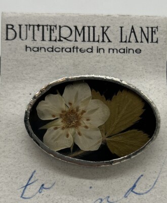 Vintage BUTTERMILK LANE Real Pressed Flower NIB Pin Silver Brooch - 1'' x 1/2''