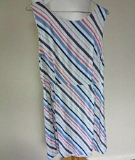 Oliver Bonas White Pink Blue Stripe Pleated Dress Mini Sleeveless Tea Boho UK 16
