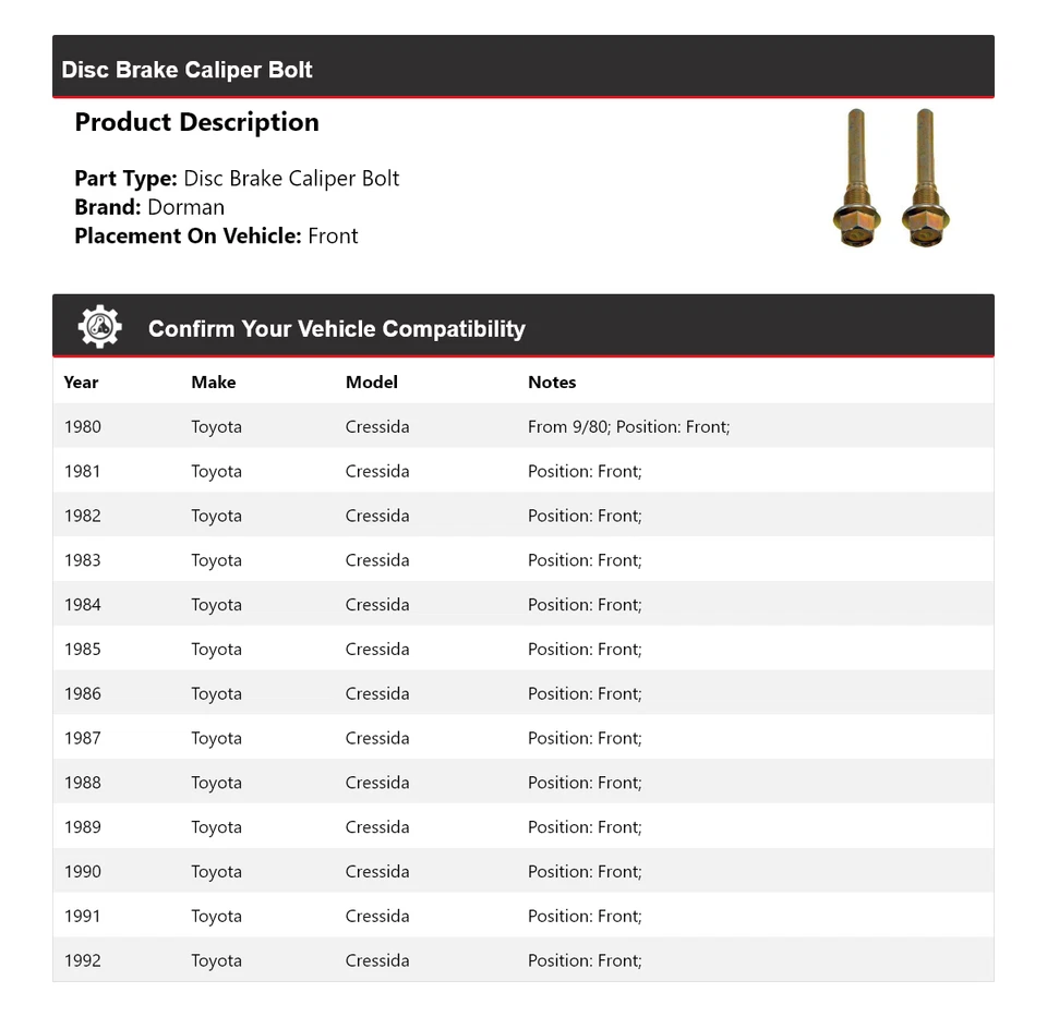 Para 1980-1992 Toyota Cressida Dorman pinça de freio a disco parafuso dianteiro 1981 1982 - Imagem 2 de 4