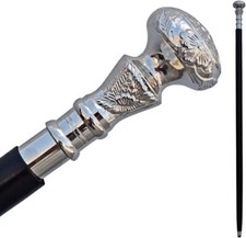 Vintage Antique Walking Cane Wooden Walking Stick Silver Brass Handle Knob Gift