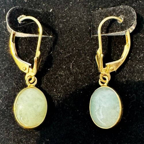 14k Solid Yellow Gold Lever Back Drop Dangle Earrings 2CTW Oval Green Jade