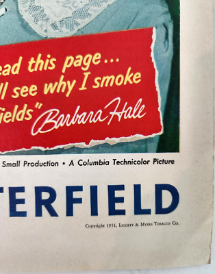 Barbara Hale Smoking Chesterfield 1951 Vintage Ad Magazine Print Celebrity 