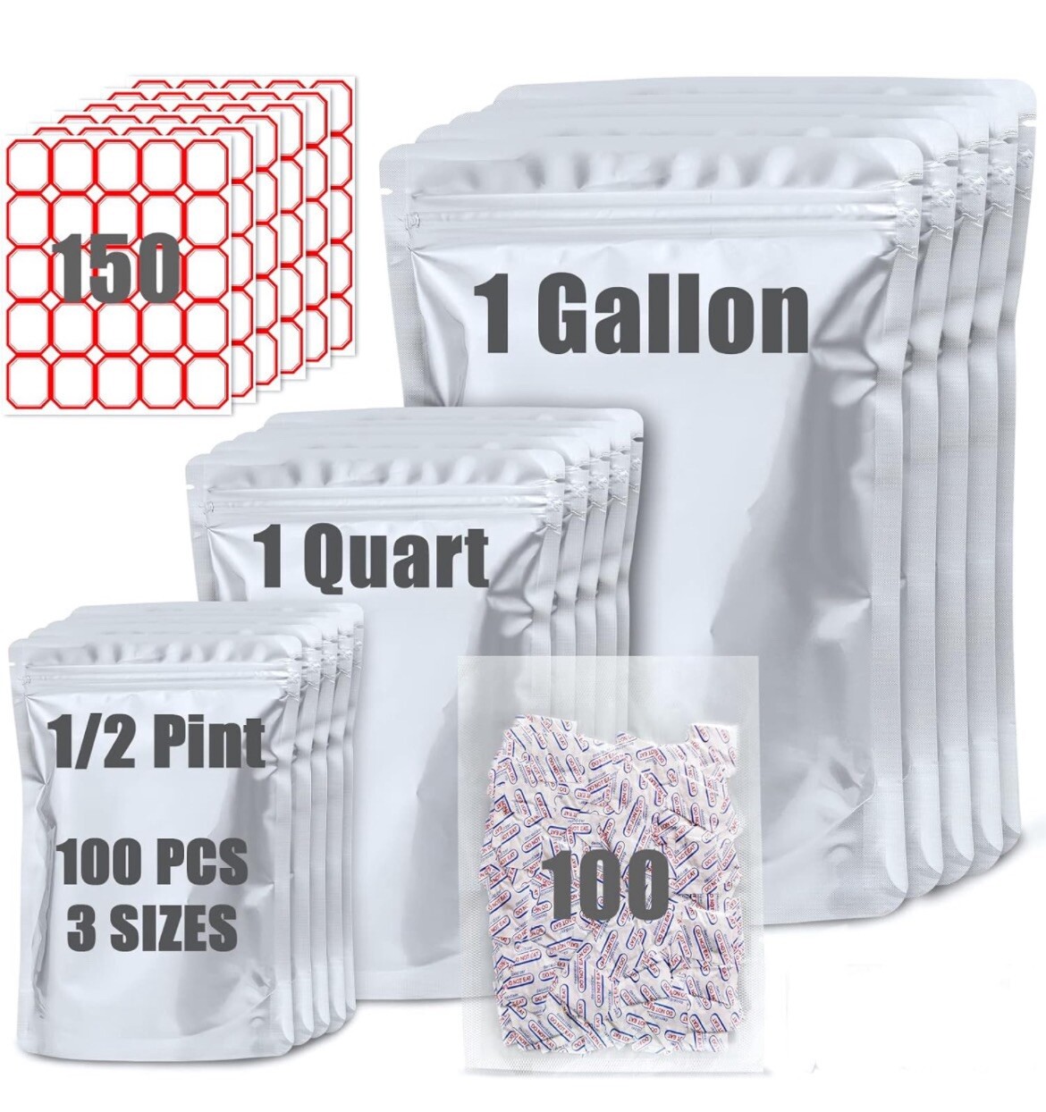100 Mylar Bags for Food Storage With Oxygen Absorbers,Gallon, Quart & Small-8.3m