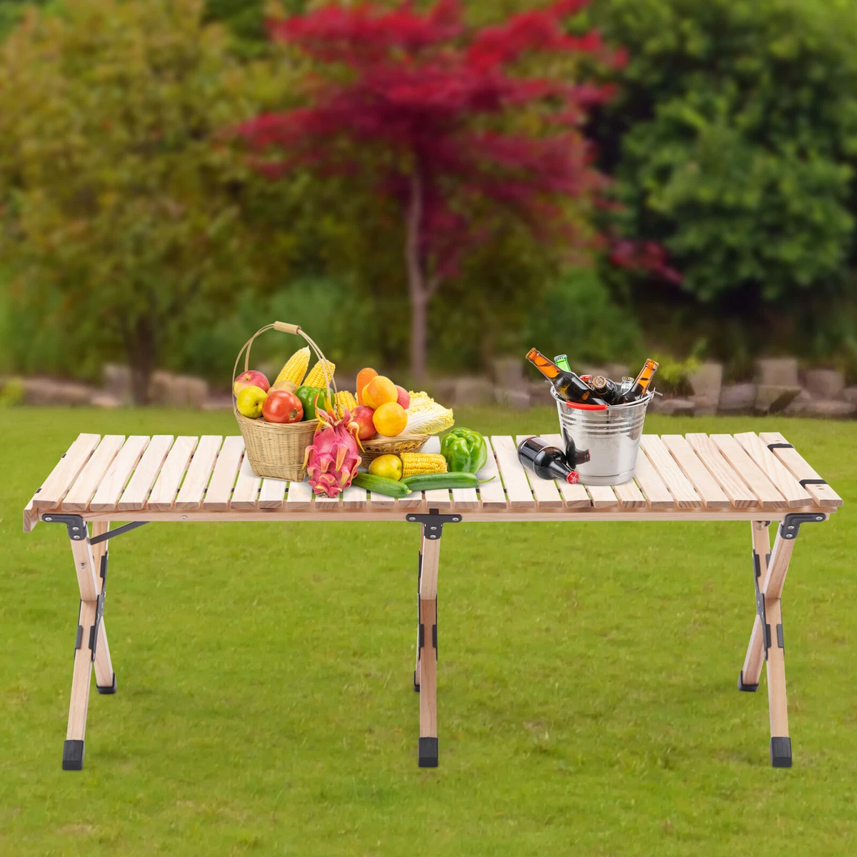 Large Camping Folding Wood Table Portable Picnic Table Outdoor