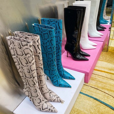 European Stye Sexy Snakeskin Pattern Knee High Formal Boots Women Stiletto Shoes