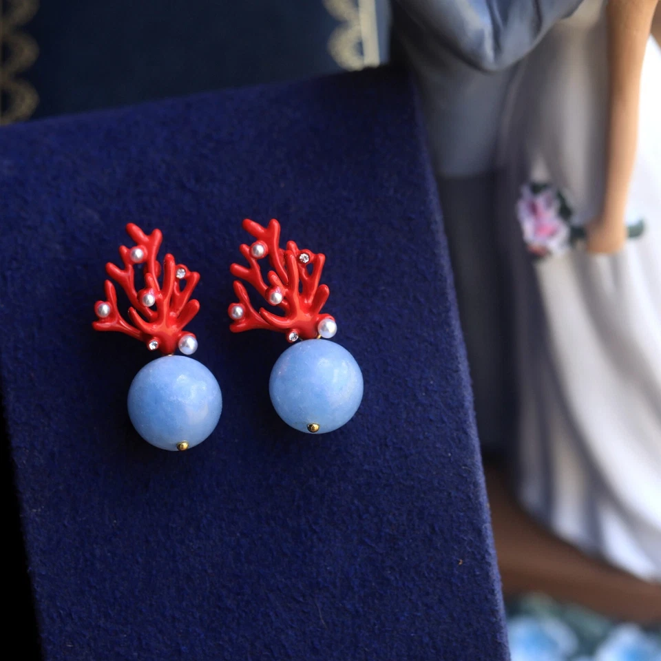 Ohrringe Clip Auf Nicht Durchbohrt Koralle Emaille Rot Chalcedon Blau DZ1 - Bild 3 von 4