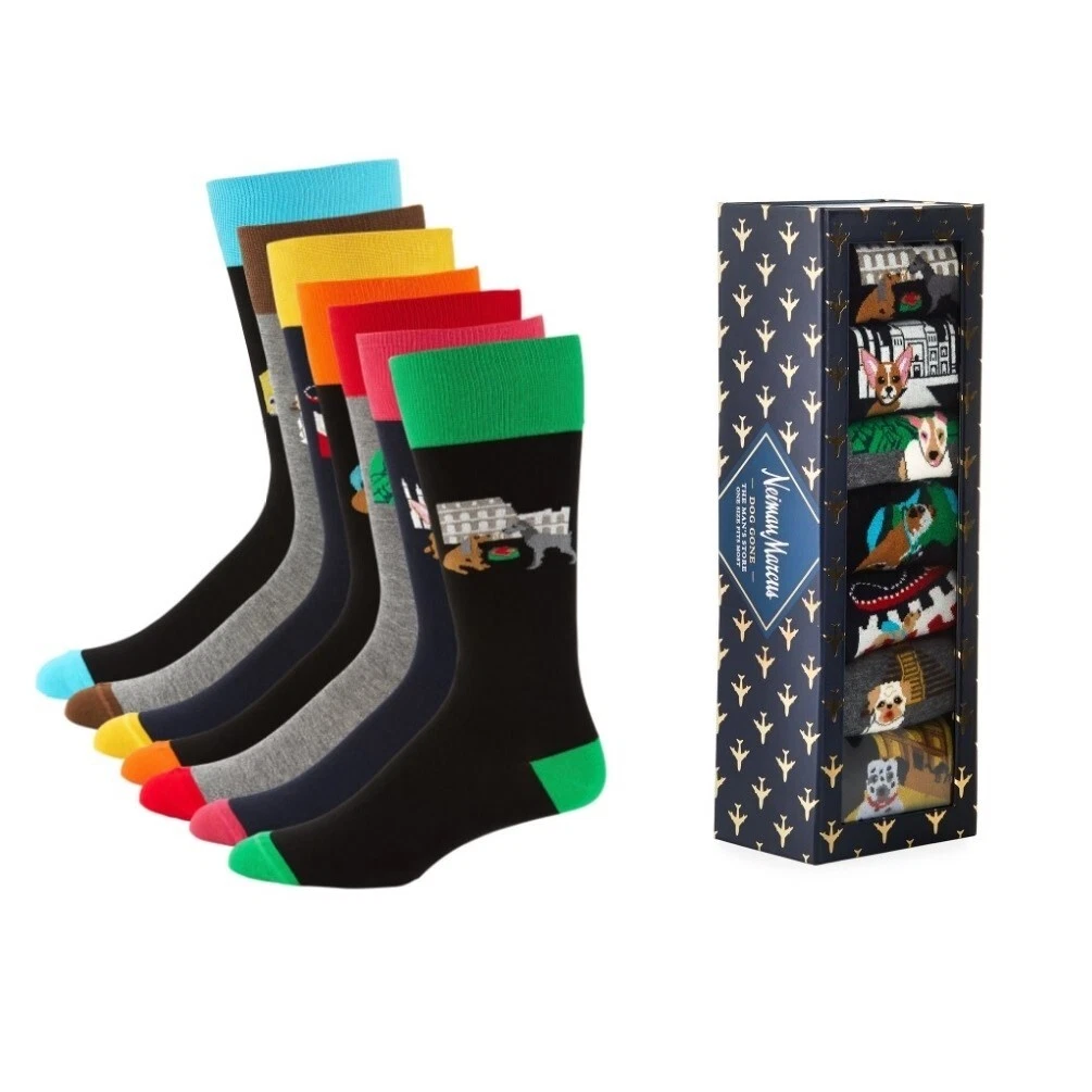 Neiman Marcus Socks Men’s 7-Pack Travel-Themed Crew New Gift Box Dog Multicolor