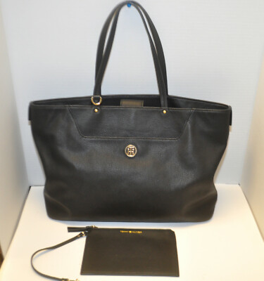 Tommy Hilfiger Black Leather large Tote Bag with Pouch MINT