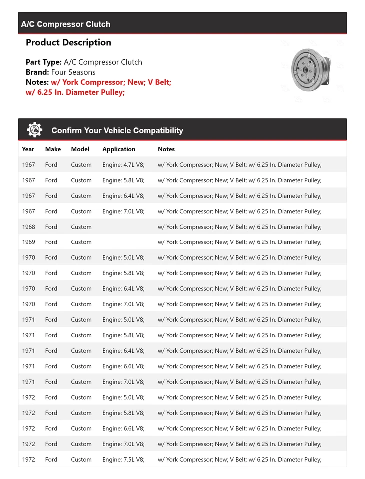 Embrague compresor aire acondicionado personalizado Ford 1967-1972 4 estaciones 1968 1969 1970 1971 Foto 2 de 4