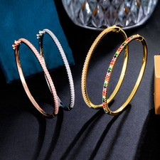 Gold Plated Slim Bangle Bracelet Women Cubic Zirconia Wedding Party Jewelry Gift