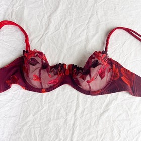VTG 90s Aubade Demi Cup Underwire Bra Red Floral Lace Luxury Lingerie 34D