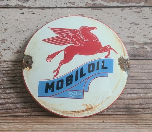 Vintage Mobil Oil Pegasus Porcelain Metal Gas Pump Plate Domed Sign Texlite
