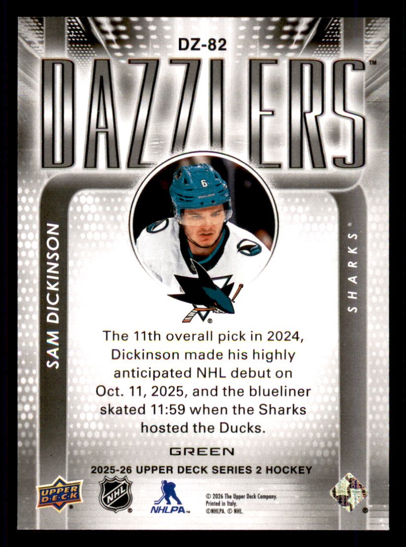 2025-26 Upper Deck Dazzlers Green #DZ-82 Sam Dickinson San Jose