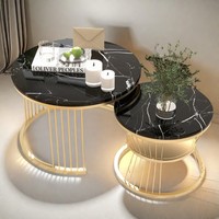 2Er Couchtische - Beistelltisch Wohnzimmer Rund Marmor Optik Satztisch Schwarz
