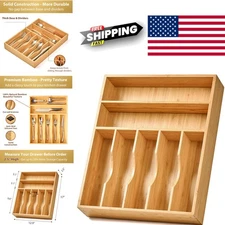 Bamboo Cutlery Tray 13 Inch with Anti Skid Feet for Kitchen Drawer Organization
