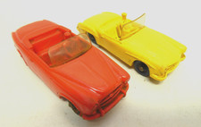 2 VINTAGE TOMTE LAERDAL STAVANGER NORWAY PLASTIC CARS YELLOW & RED CONVERTIBLES