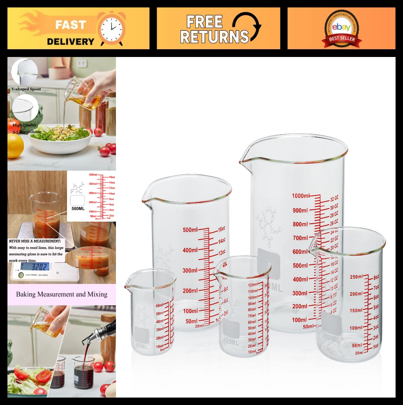 Borosilicate Glass Measuring Cup Set - V-Shaped Spout, 60ml to 1000ml, Kitchen U
