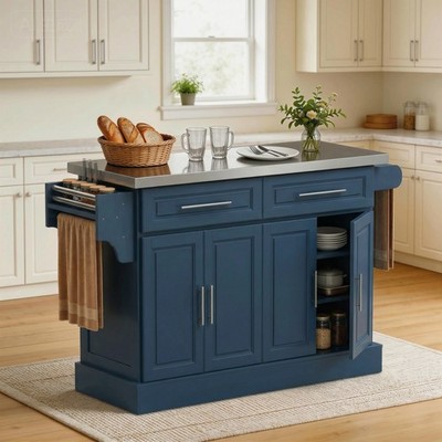 HOMCOM 57'' Rolling Kitchen Island Cart with Stainless Steel Top, Navy Blue