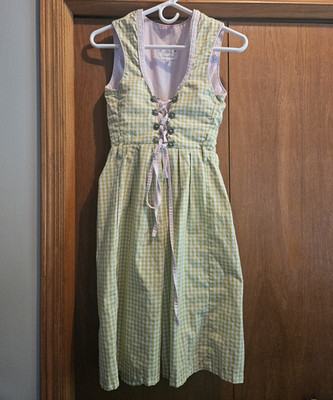 Green Gingham Cotton Lace-Up Dirndl Dress with Pink Apron Size S