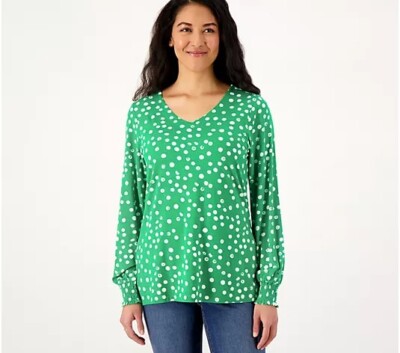 Belle by Kim Gravel Size 2X Modern Dot Smocked Cuffs V-Neck Top GREEN A302472