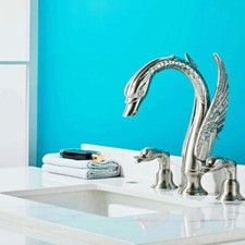 Brushed nickel widespread 3 Pcs Swan Bathroom basin sink Faucet tap Deck Mounted