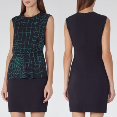 $330 REISS Shift Dress Black Green Animal Print Size