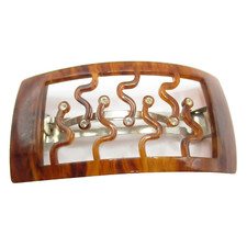 Faux Tortoise Brown and Rhinestone Wavy Lines France Hair Barrette Clip