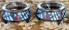 2 Vtg IOMMET Russian Mechior Metal Enamel Caviar Salt Cellars Glass Bowl Inserts